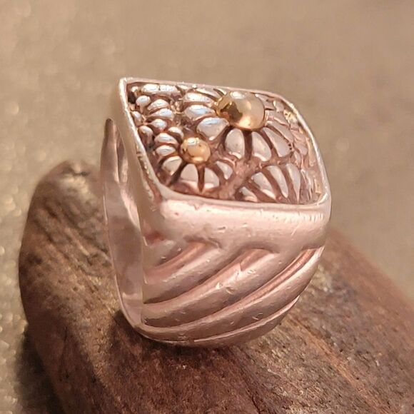 Sterling & 14k Flower Motif Signet Style  Ring - Picture 3 of 10